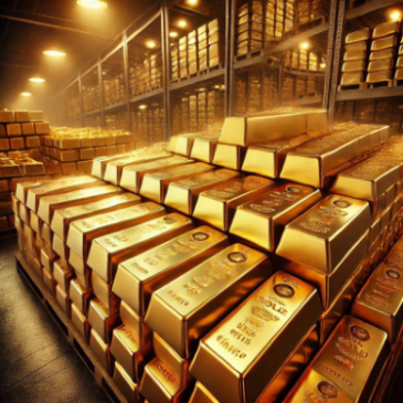 gold bars stacked in a warehouse 