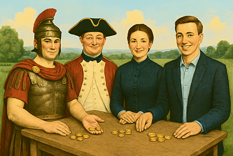 4 characters sit at a table with gold coins