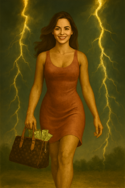 lady walks through 2 lightning bolts with cash