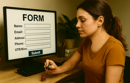 Lady paints nails while completing form.
